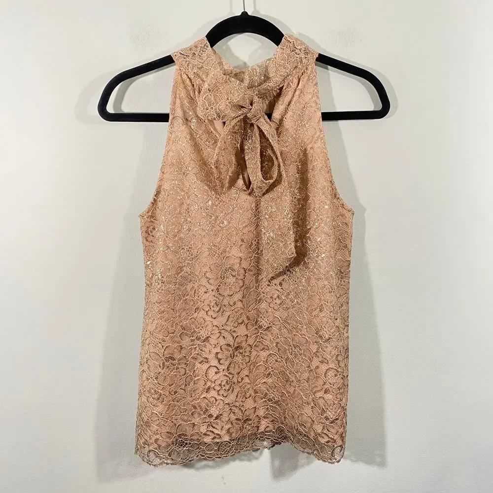 J Crew Women's Beige Metallic Lace Tie Neck Sleeveless Blouse Size S #AG852
